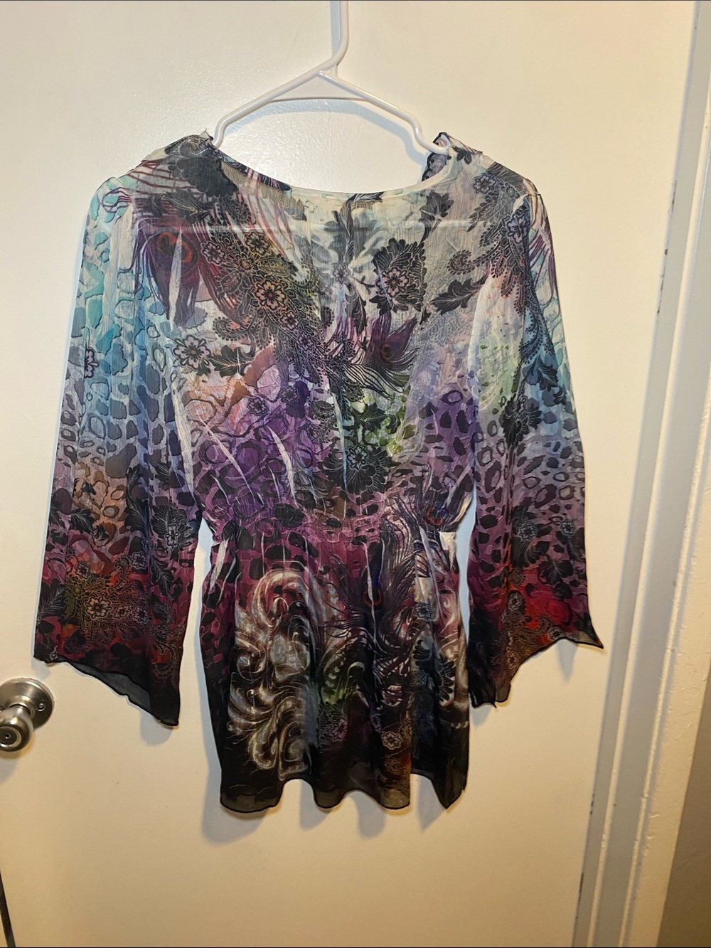 Sheer Multi-Color Print Tie-Front Women’s Blouse - Picture 6 of 6